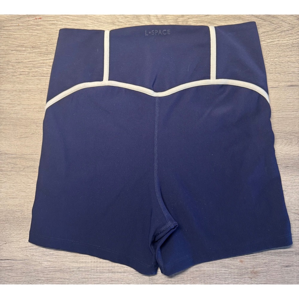 L*Space Active Ribbed High Waisted Shorts Navy Blue White Piping L/G Womens